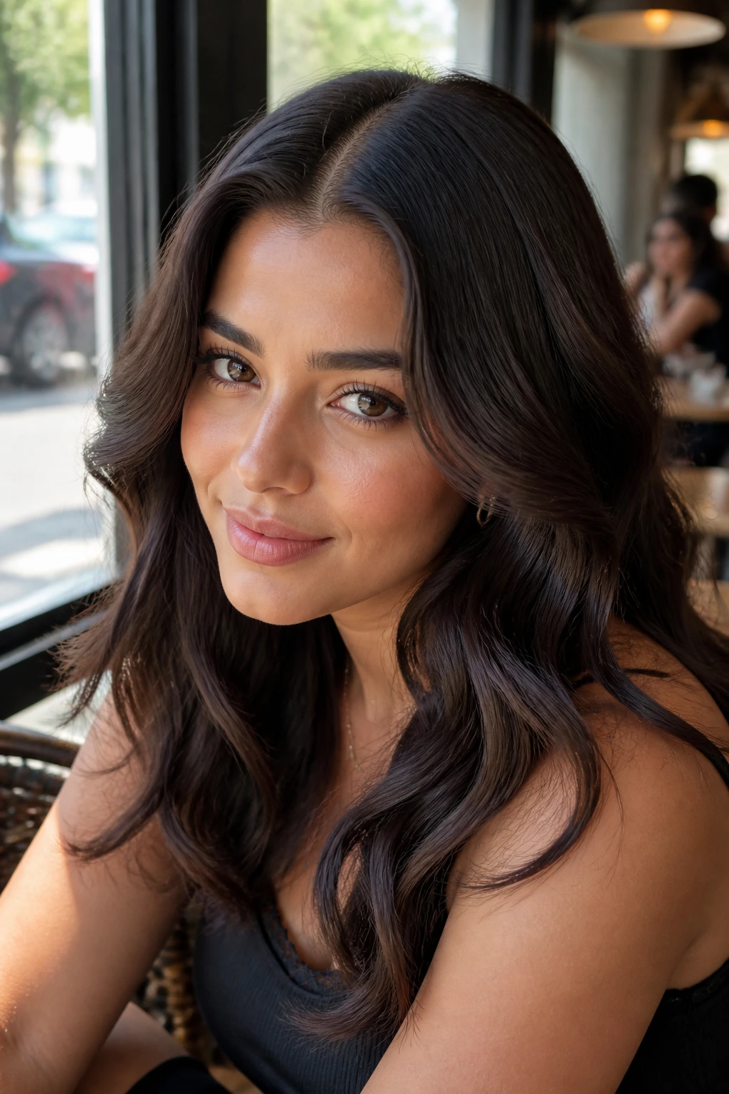 Portrait of a Latina woman with a deep middle part and loose waves in a sunlit cafe