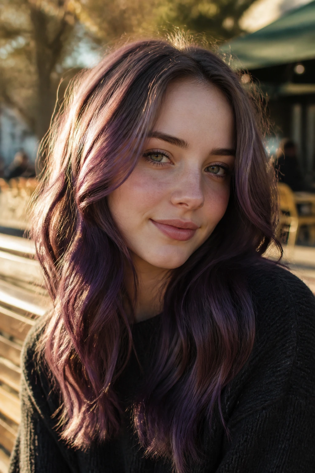 Close-up of real person with loose waves and purple lowlights