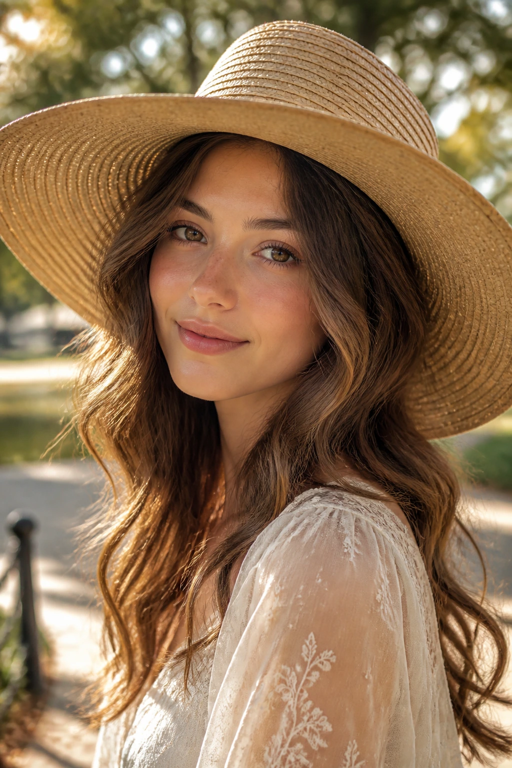 Close-up portrait of a real woman wearing a wide-brim straw hat with loose waves outdoors