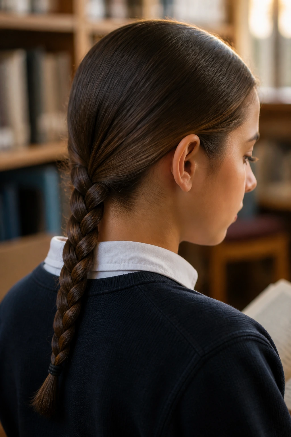 Close-up of a student with a tight braid at the nape of the neck