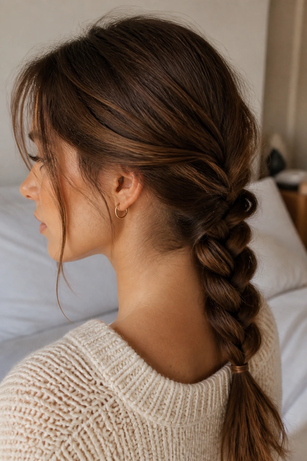 Close-up of a real person showing a pancake low braid at the nape