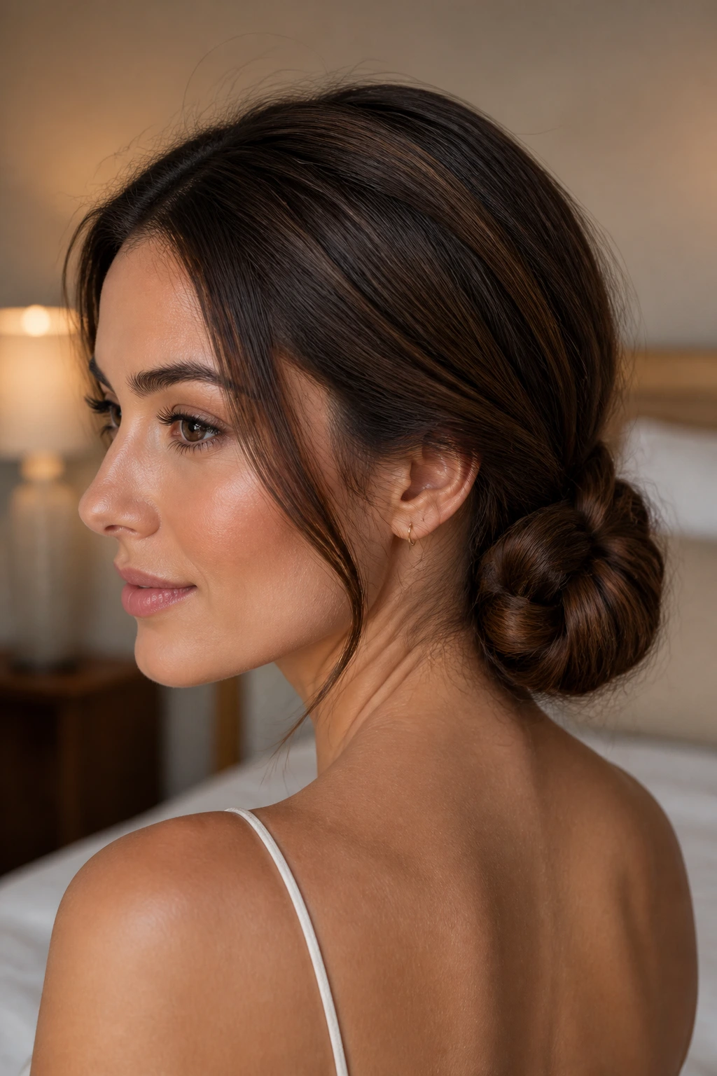 Woman with a low braided bun shown in a close-up portrait.