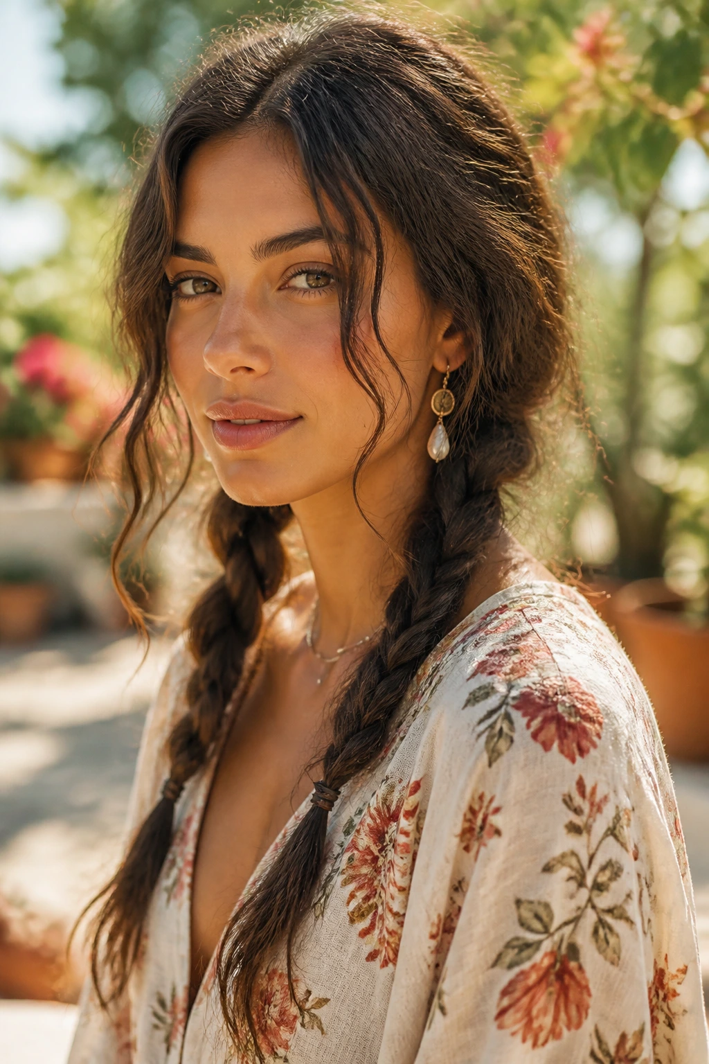 Portrait of a real woman with two loose low braided pigtails in warm outdoor sunlight.