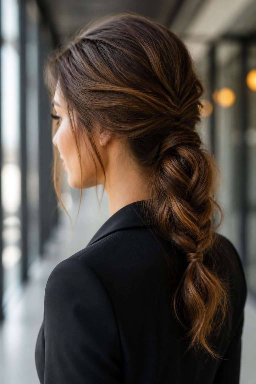 Close-up of a real woman with a low messy braided ponytail hairstyle