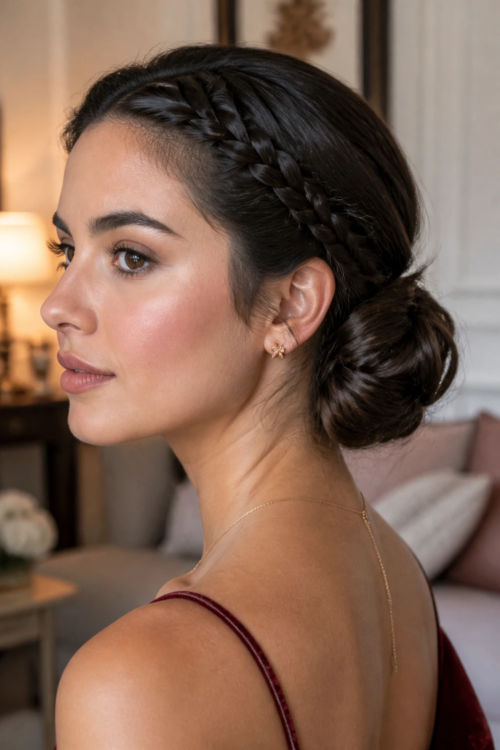 Close-up of a real woman with a low braided chignon hairstyle