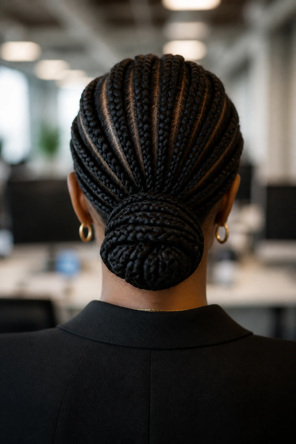 Back of head portrait showing cornrows leading into a low bun at the nape.