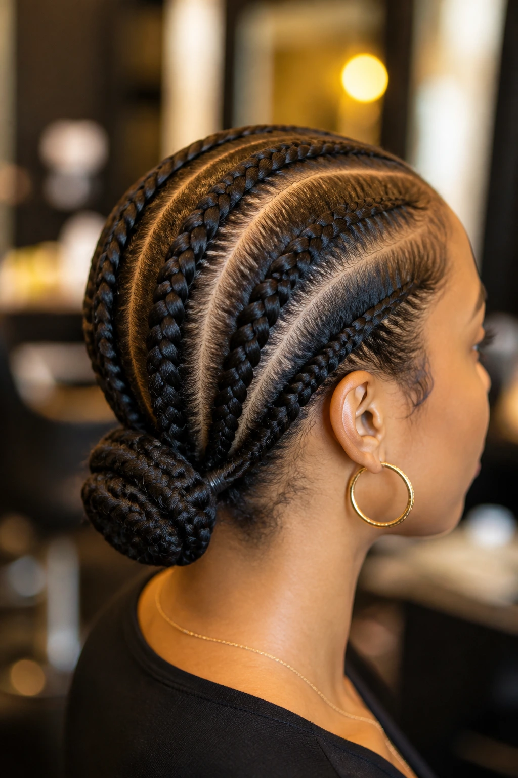 Close-up of four cornrows pulled into a low bun at the nape of the neck