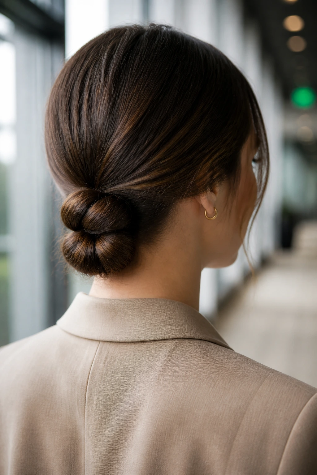 Close-up of a real woman with a two-knot low bun at the nape in a modern office