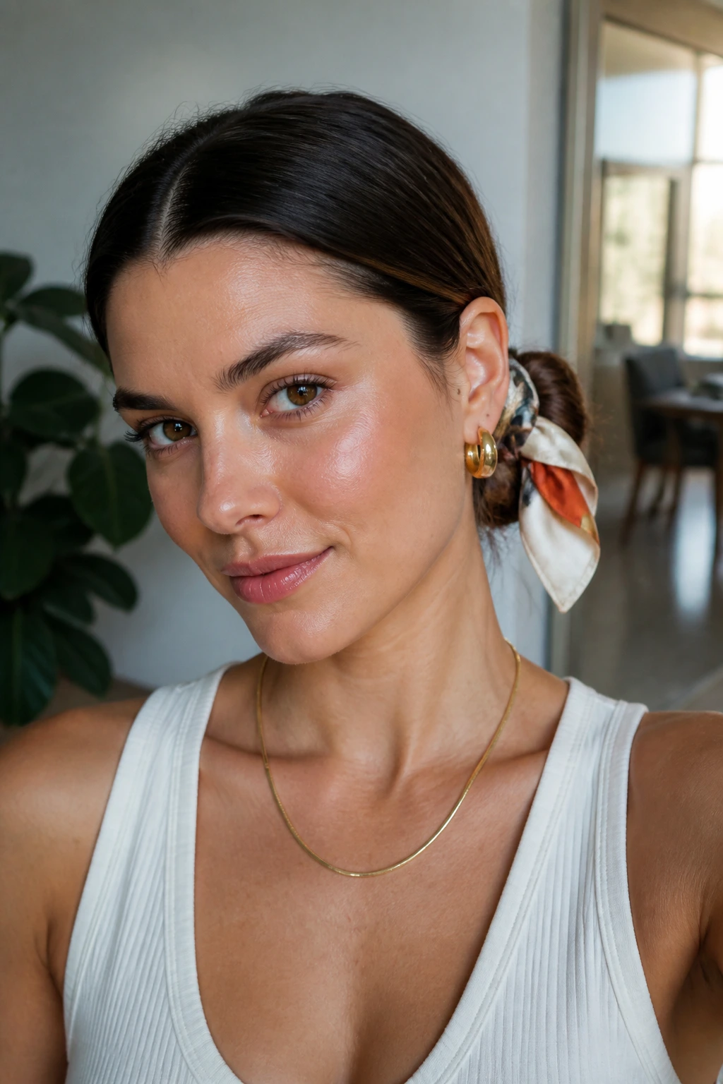 Close-up of a woman with a low bun wrapped in a silk scarf
