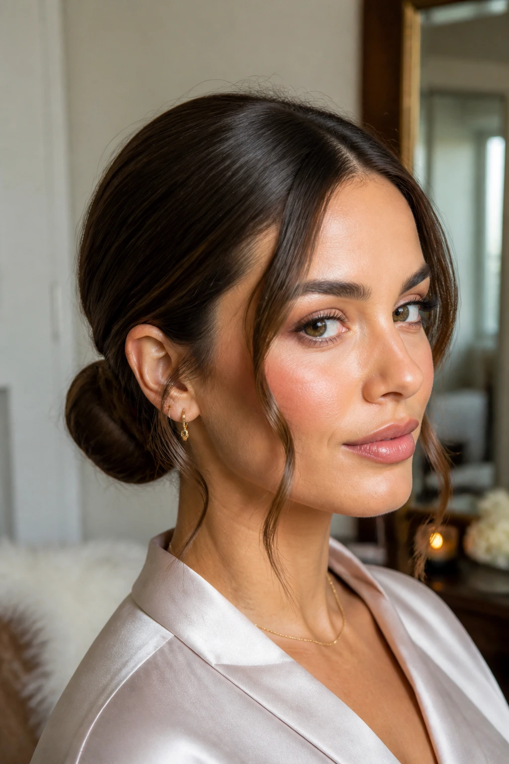 Close-up of a real woman with a sleek low bun and face-framing tendrils