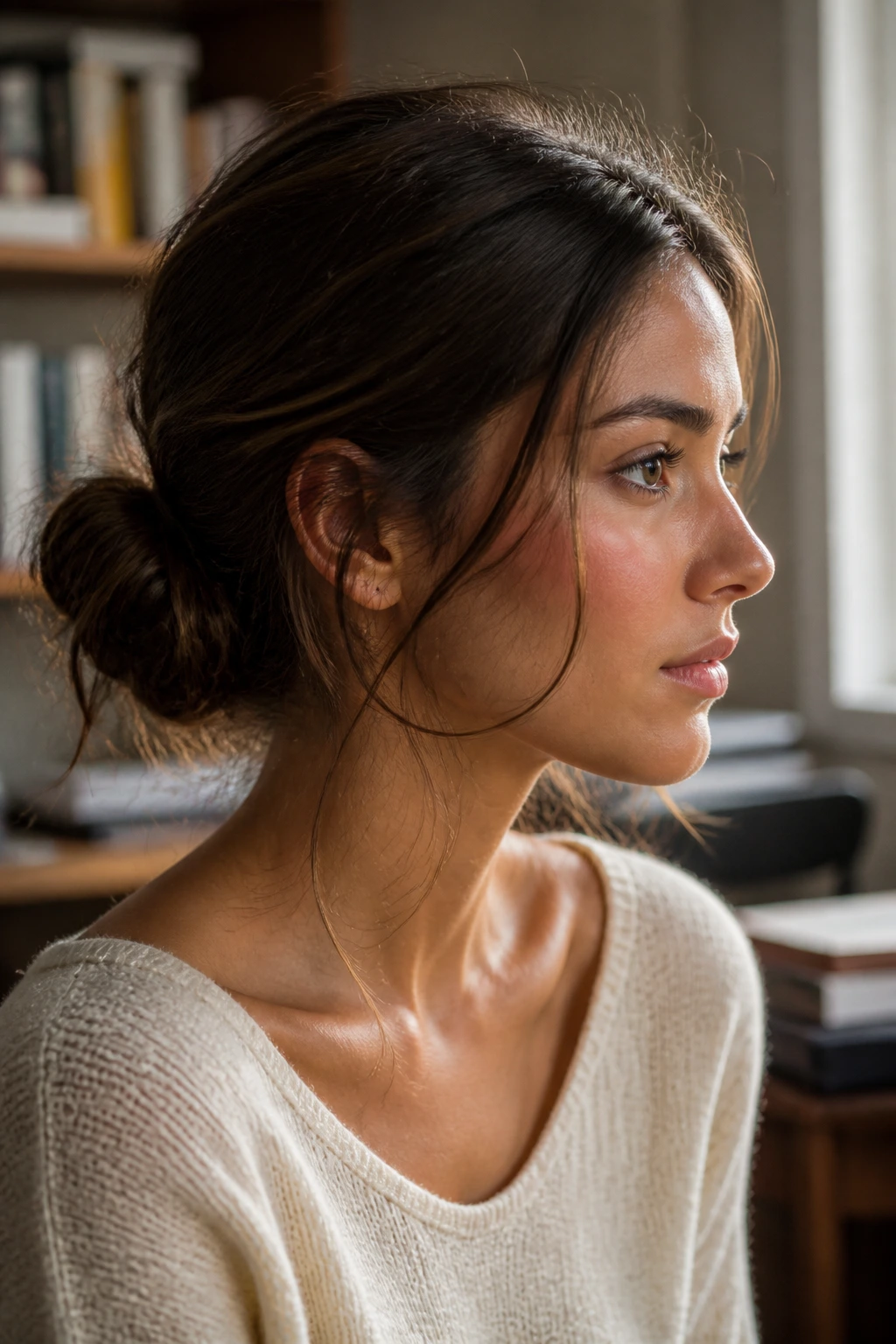 Close-up of real person with a textured low bun at the nape in warm light