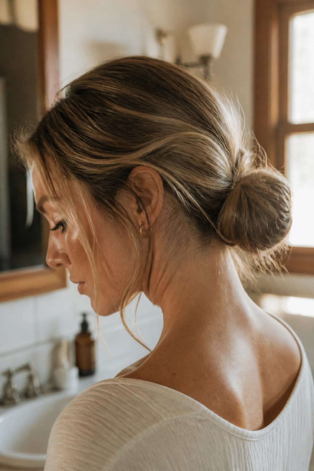 Close-up of a real woman with a textured low bun secured by a clear elastic