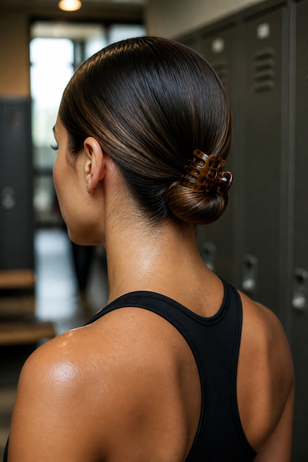 Real person with a sleek low-center tuck secured at the nape