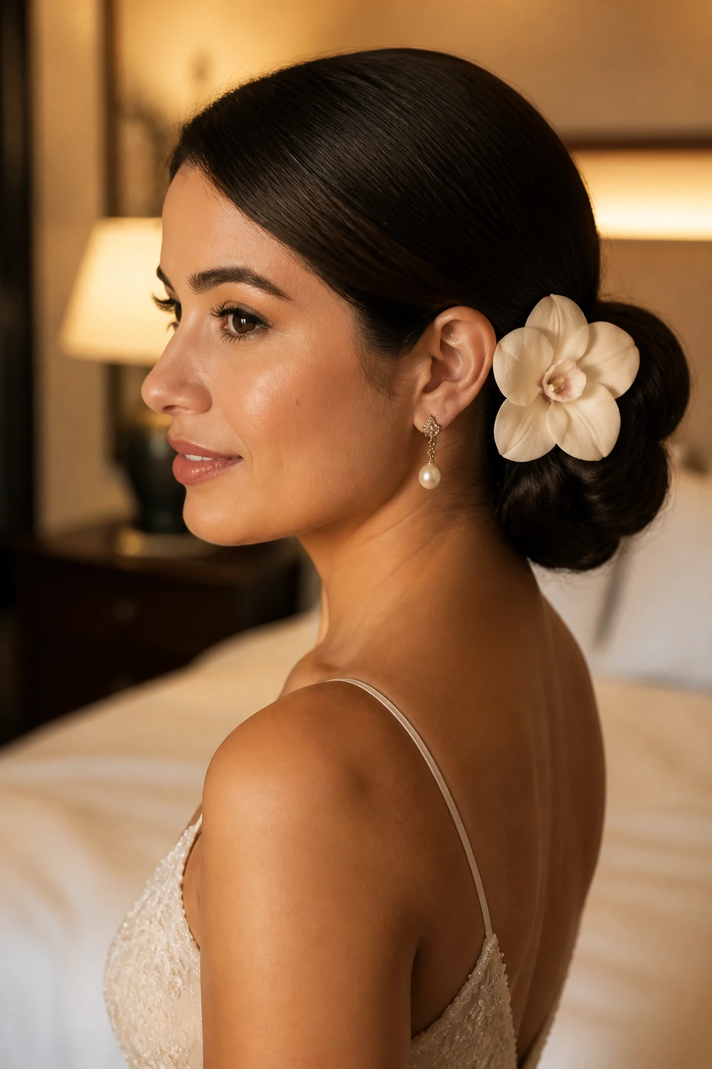 Side portrait of a real woman with a low chignon and a flower.