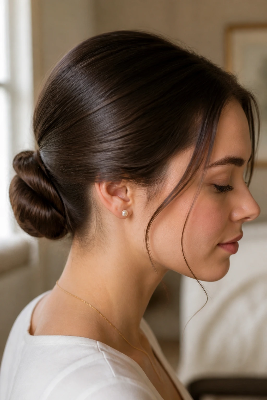 Close-up of real person wearing a sleek low chignon at the nape with soft window light