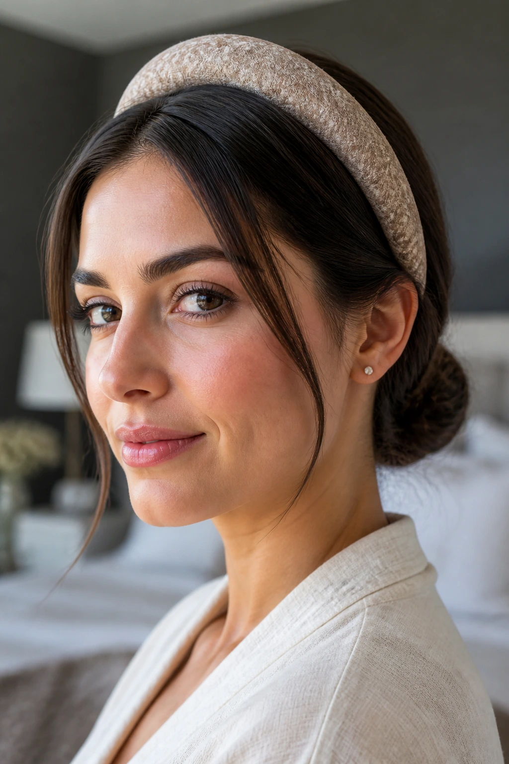 Real woman with low chignon and fabric headband in soft natural light
