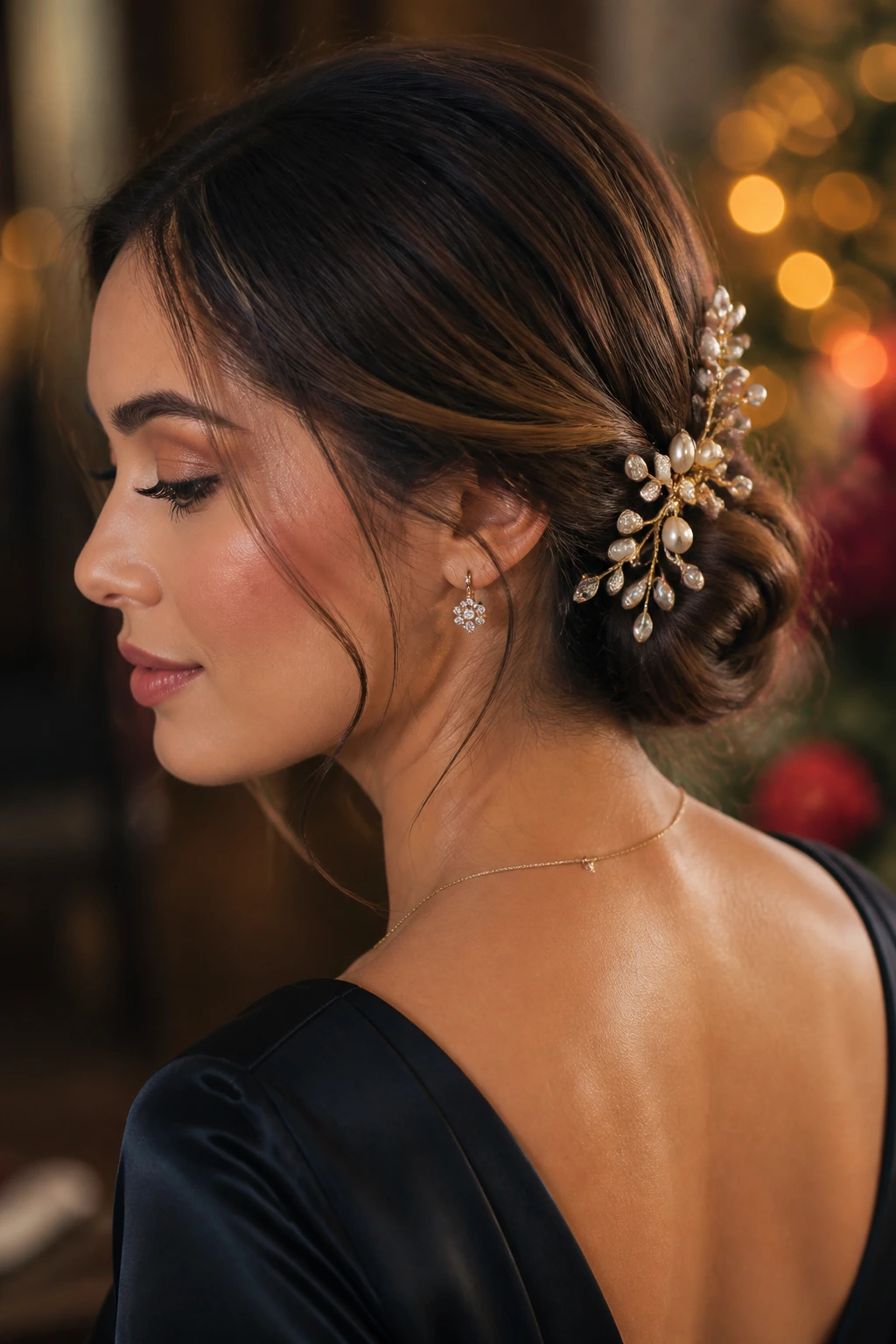Close-up of a real woman with a low chignon and hair jewels