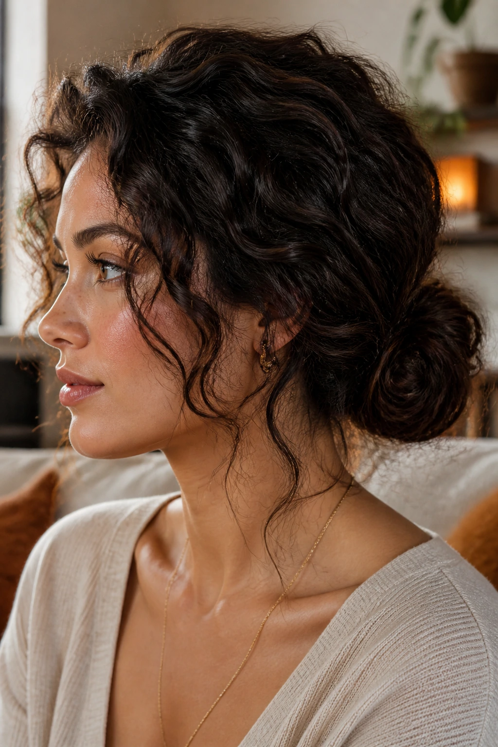 Close-up of a person with a loose low chignon hairstyle