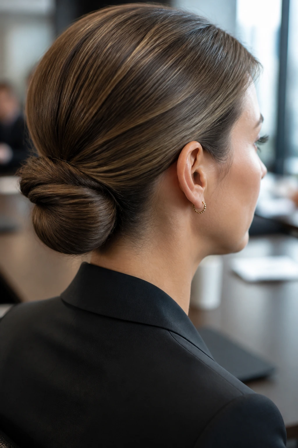 Close-up of a woman with a polished low chignon at the nape in an office setting