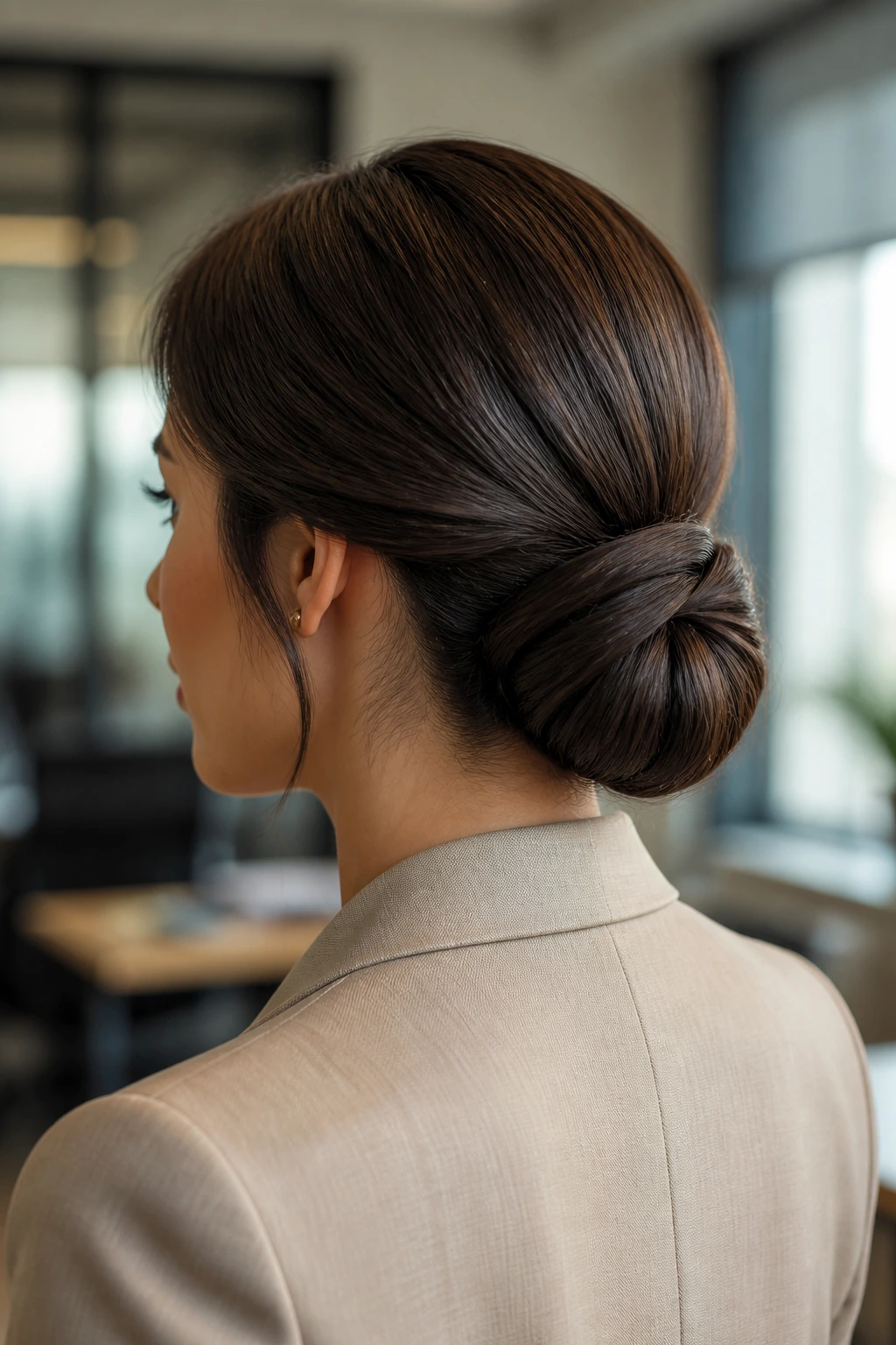 Real woman with polished low chignon at the nape, office-appropriate updo.
