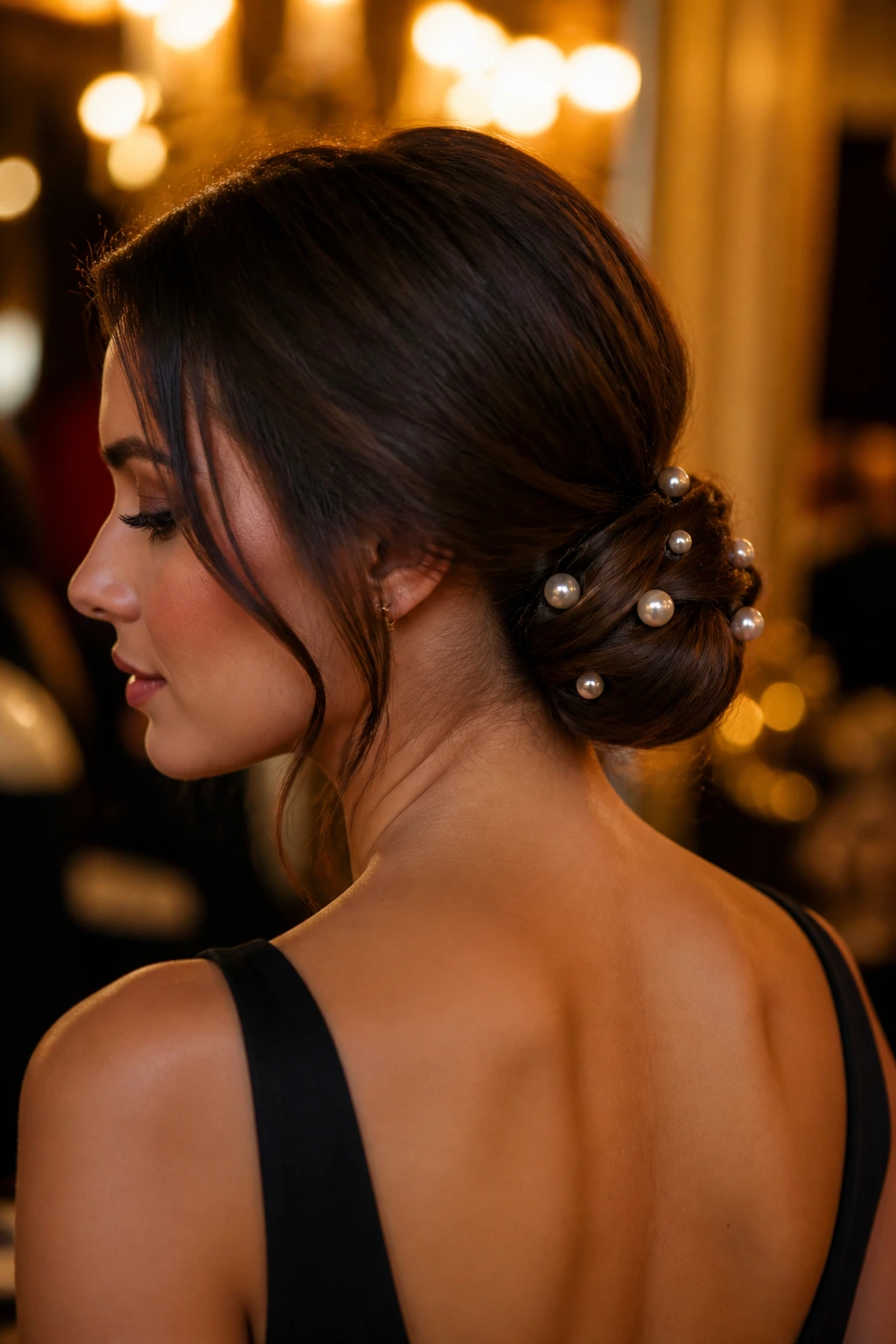Real woman with low chignon and pearl pins