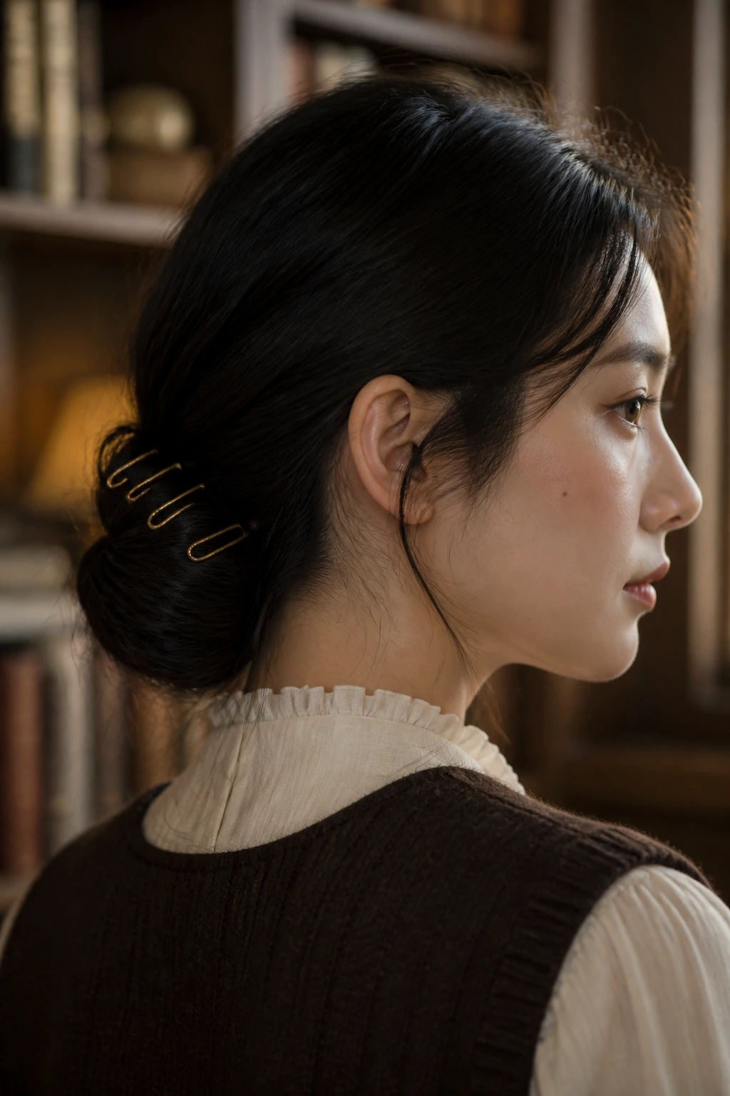 Close-up of a real woman with a low chignon and visible pins in a study setting