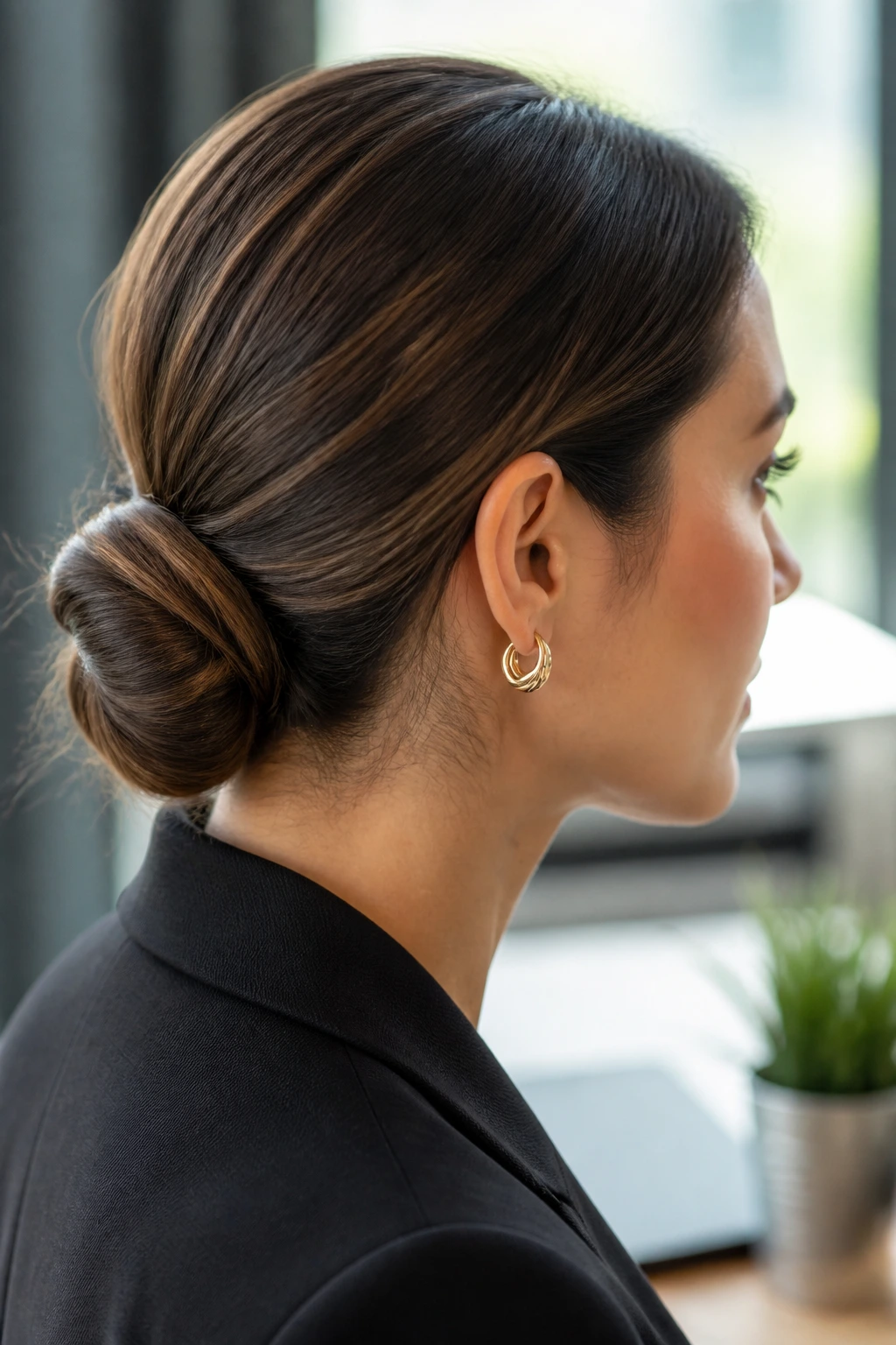 Close-up of a real woman with a polished low chignon at the nape