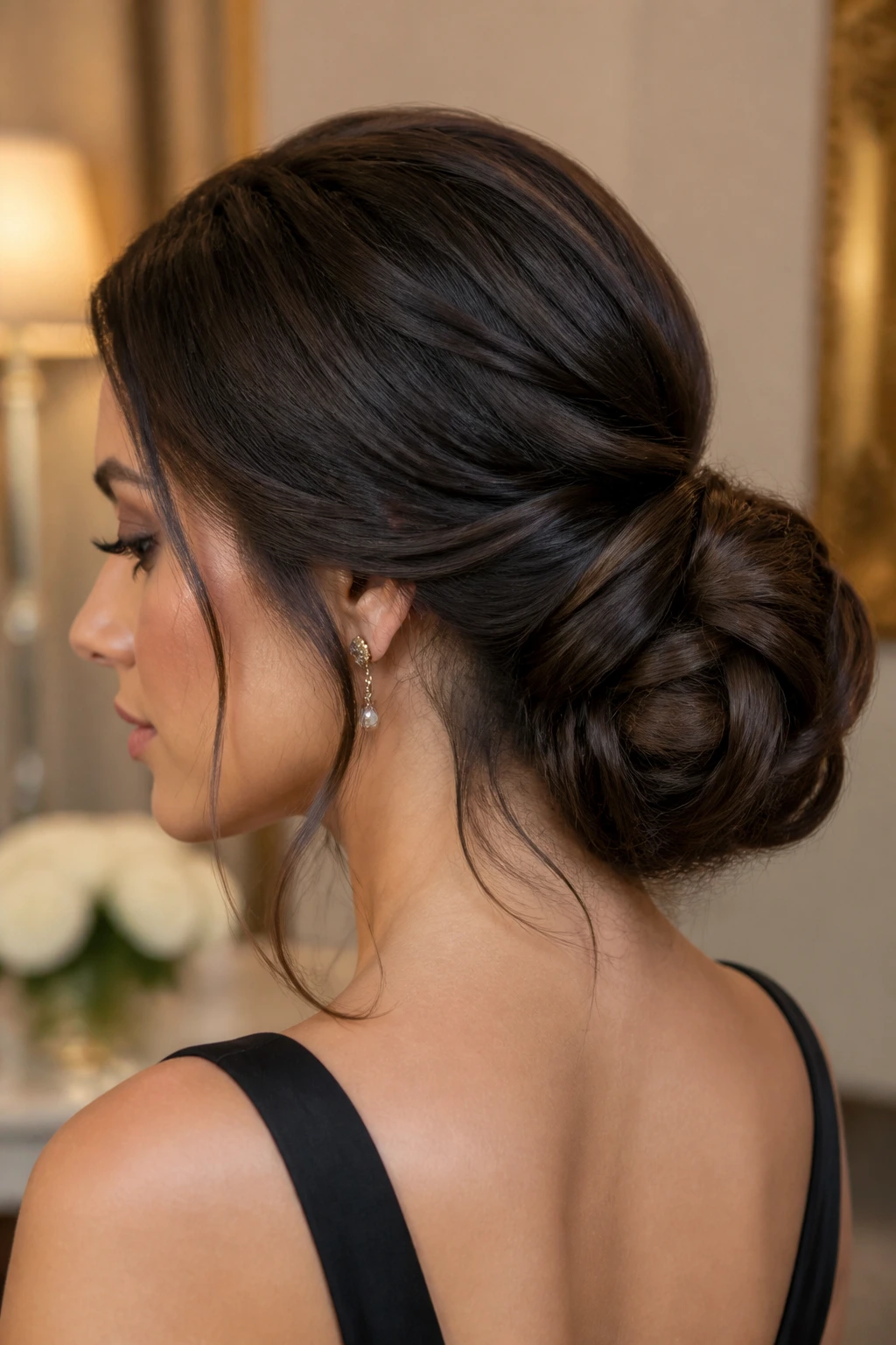 Close-up of a real woman with a full low chignon at the nape in warm light.