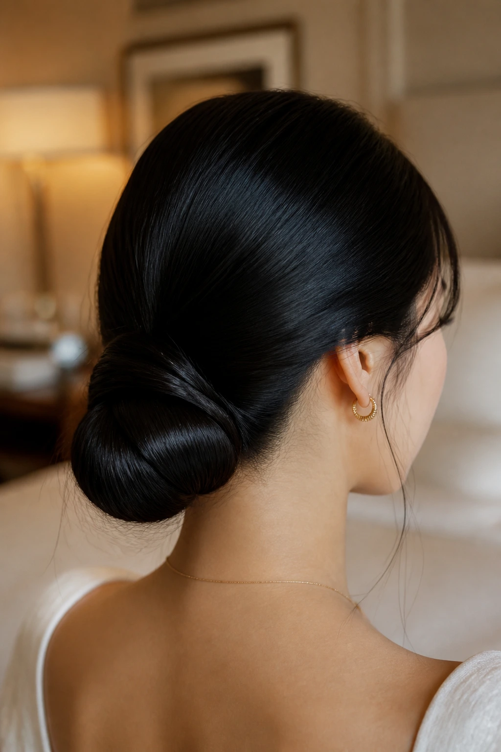 Back view of a real woman with a sleek low chignon at the nape