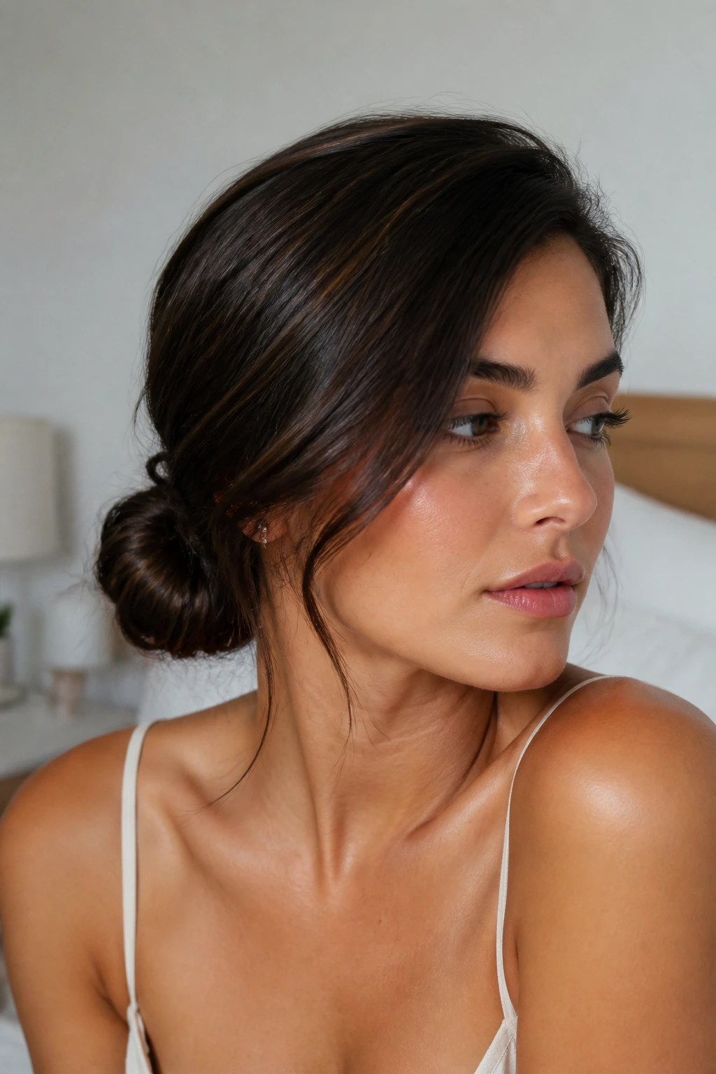 Close-up of a real woman's head with a low chignon and a distinct side part