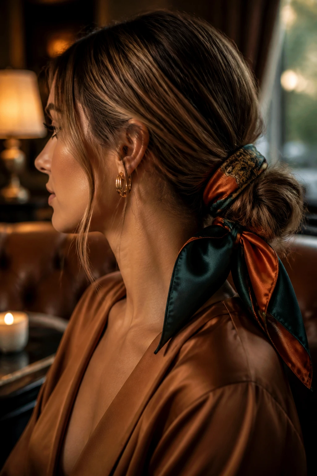 Close-up of a low knot with a silk scarf woven into a bun in autumn lighting