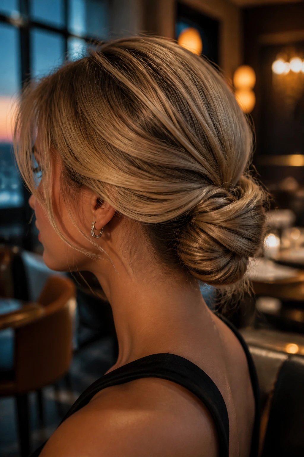 Close-up of textured low knot at nape on real person, elegant setting.