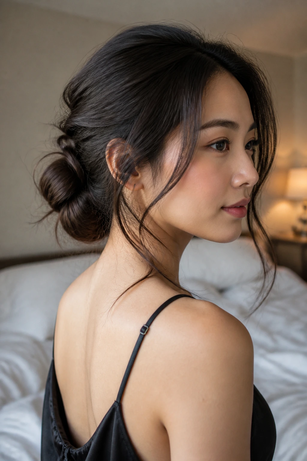 Close-up of a real woman with a low textured bun and face-framing pieces