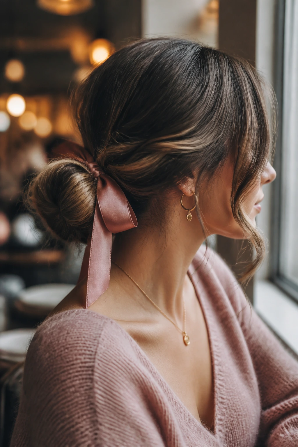 Close-up of a real woman wearing a low messy bun with a ribbon