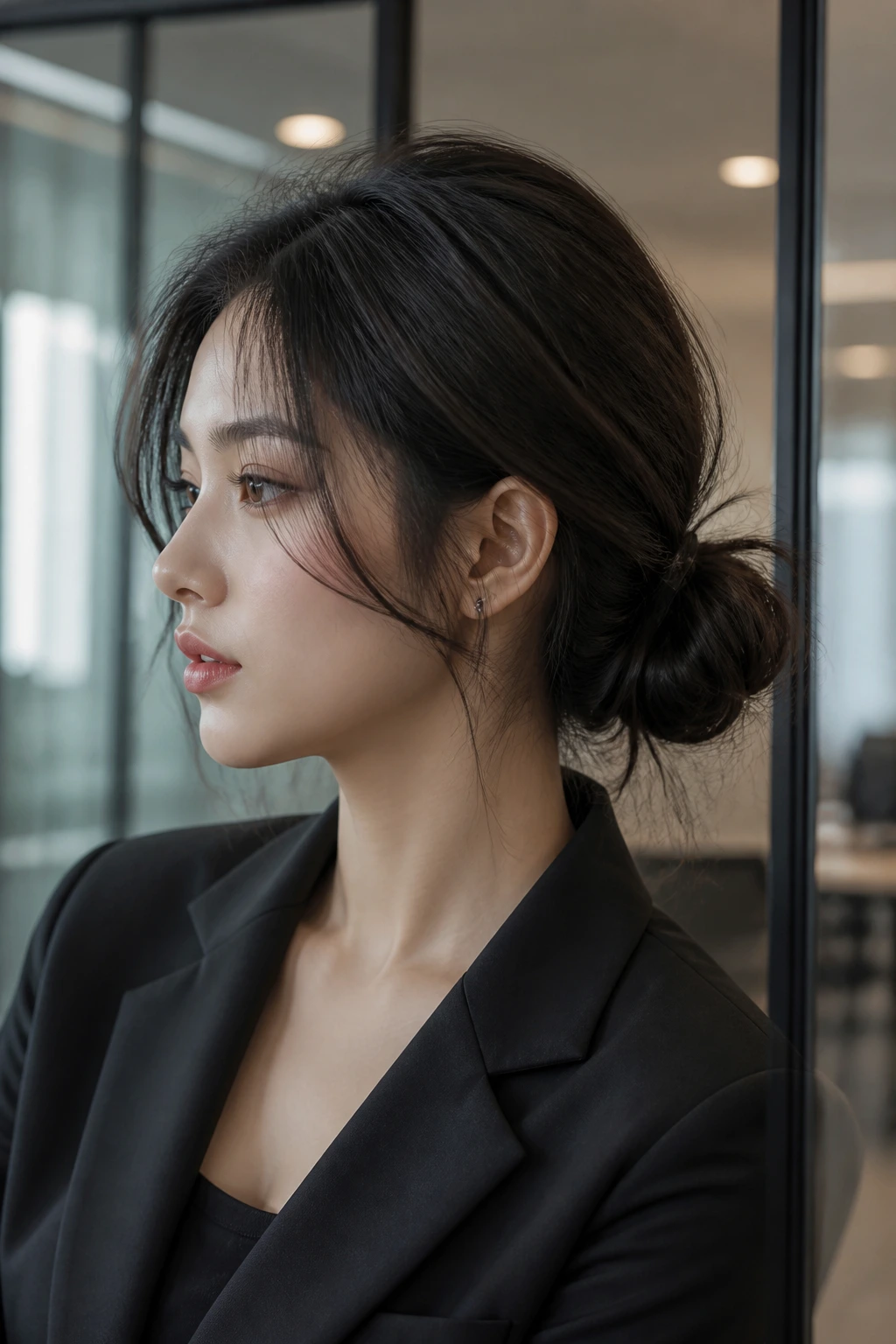 Real woman with a loose low chignon in an office setting.