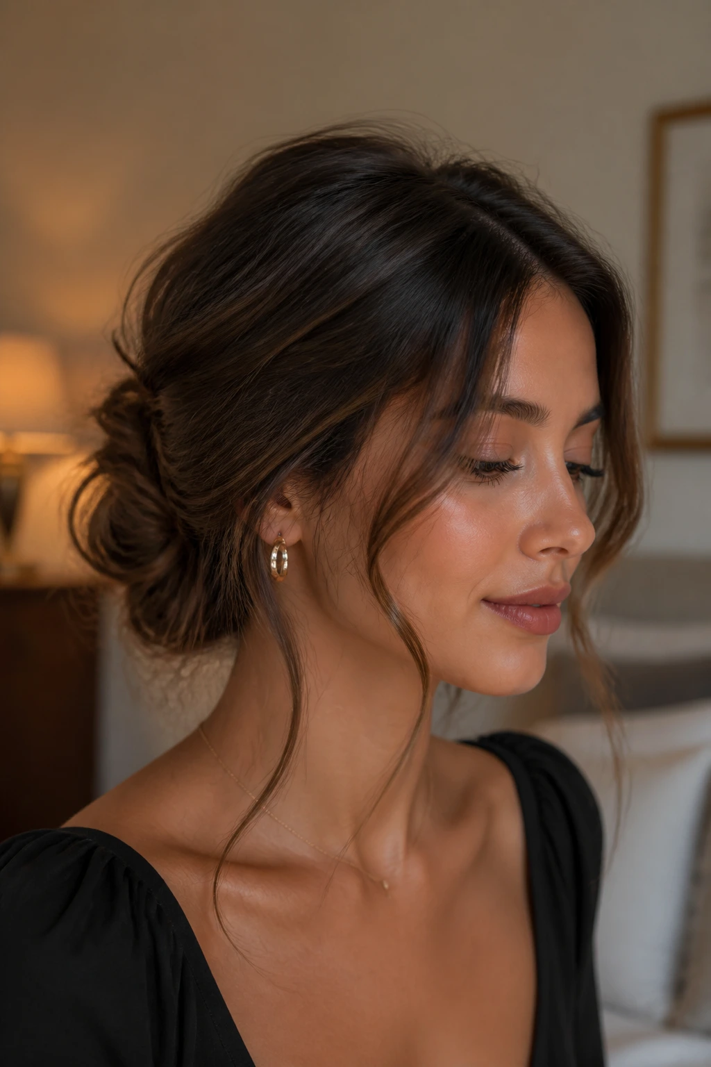 Close-up of a woman with a low messy chignon and tendrils.