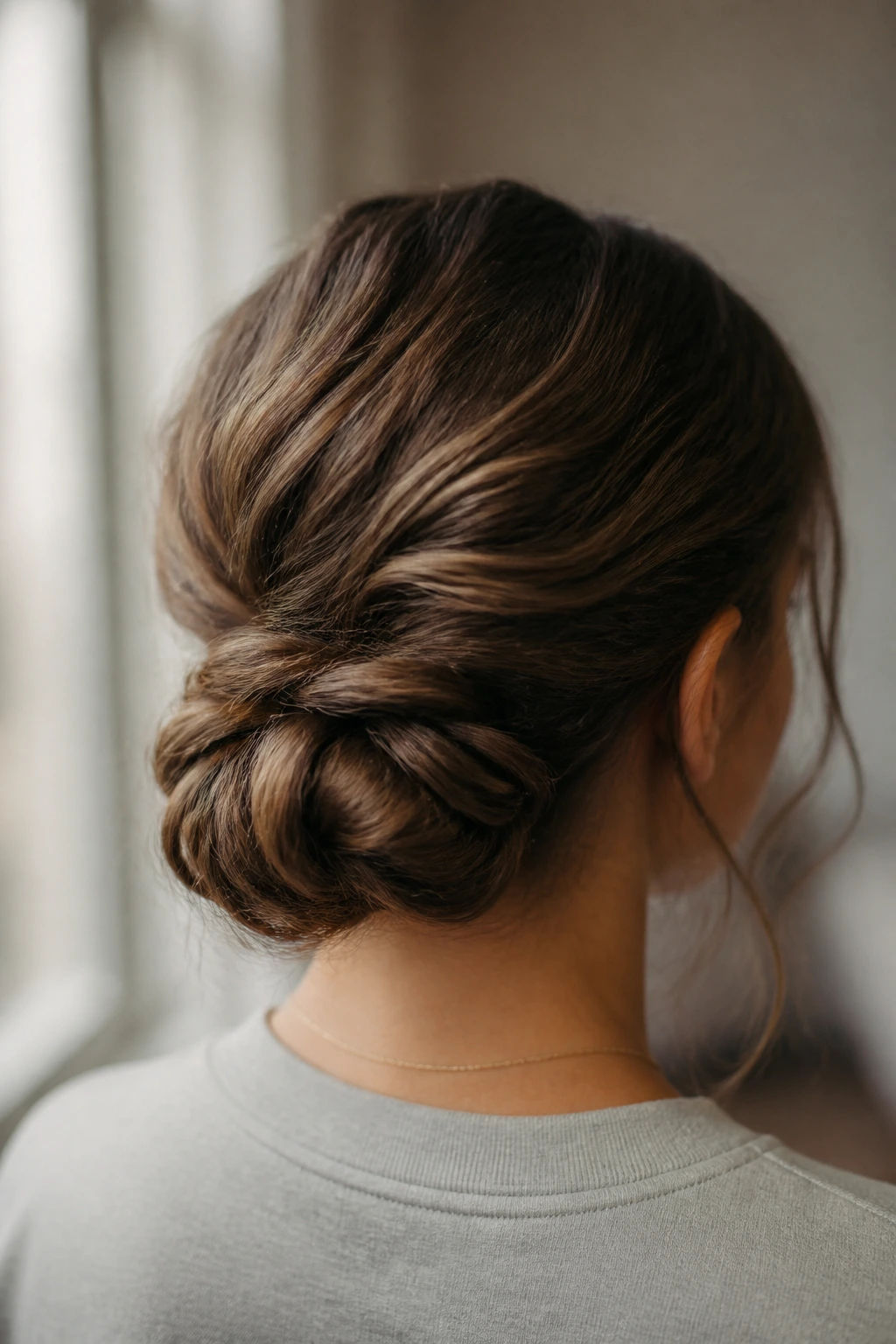 Back view of a real teen showing a low messy chignon with thick hair