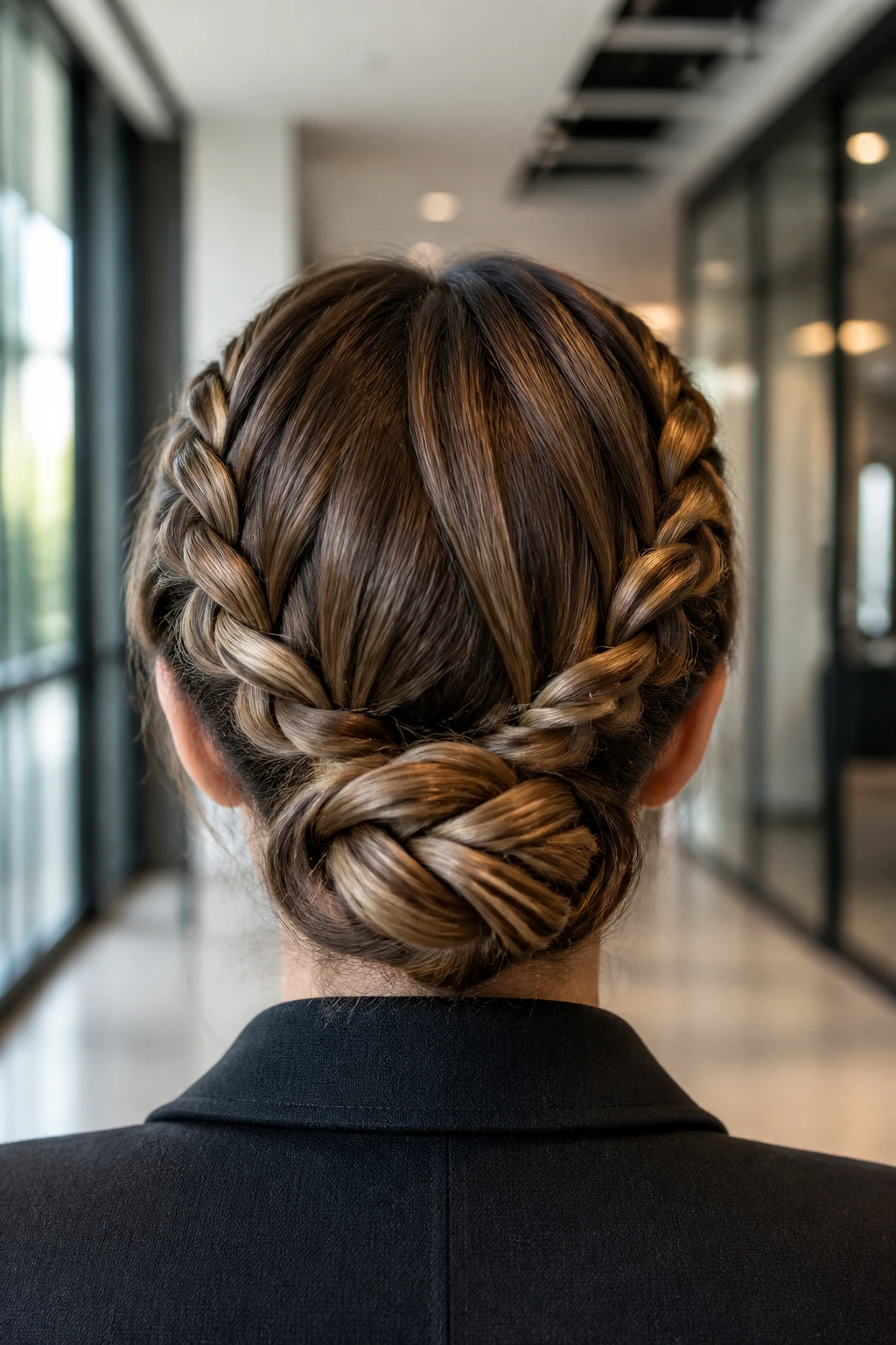 Back-of-head view of a low-nape inverted chignon created from two inverted braids twisted into a bun.