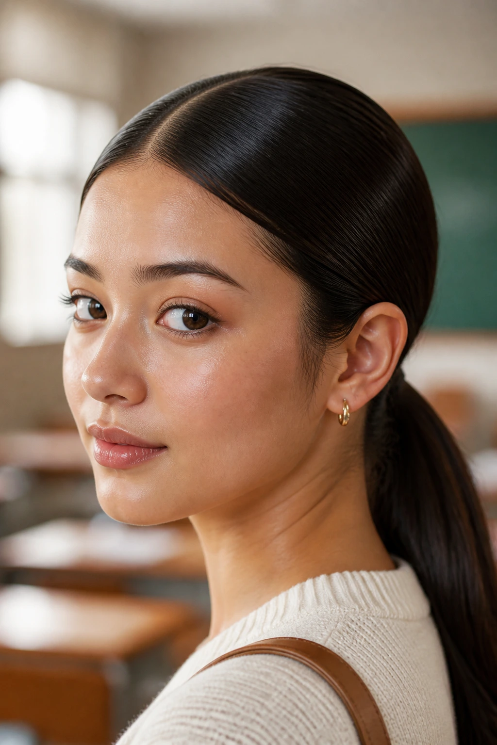 Close-up of real woman with a centered-part low ponytail and glass hair finish