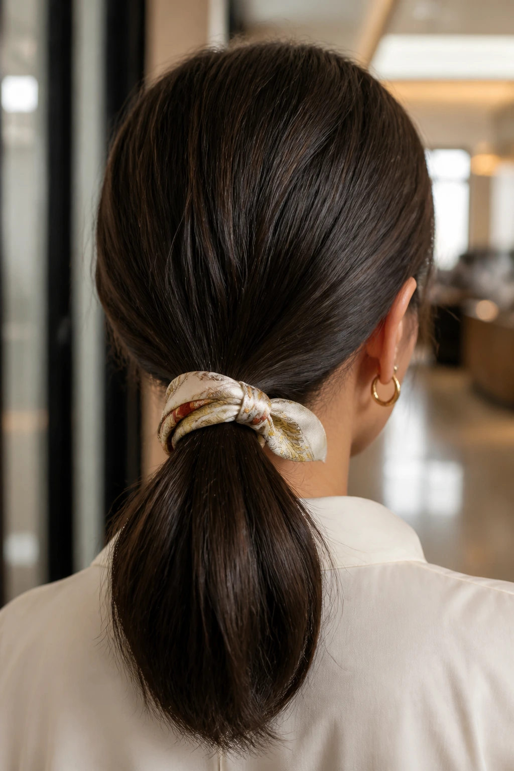 Rear view of a woman with a minimalist low pony and silk scarf in an office setting