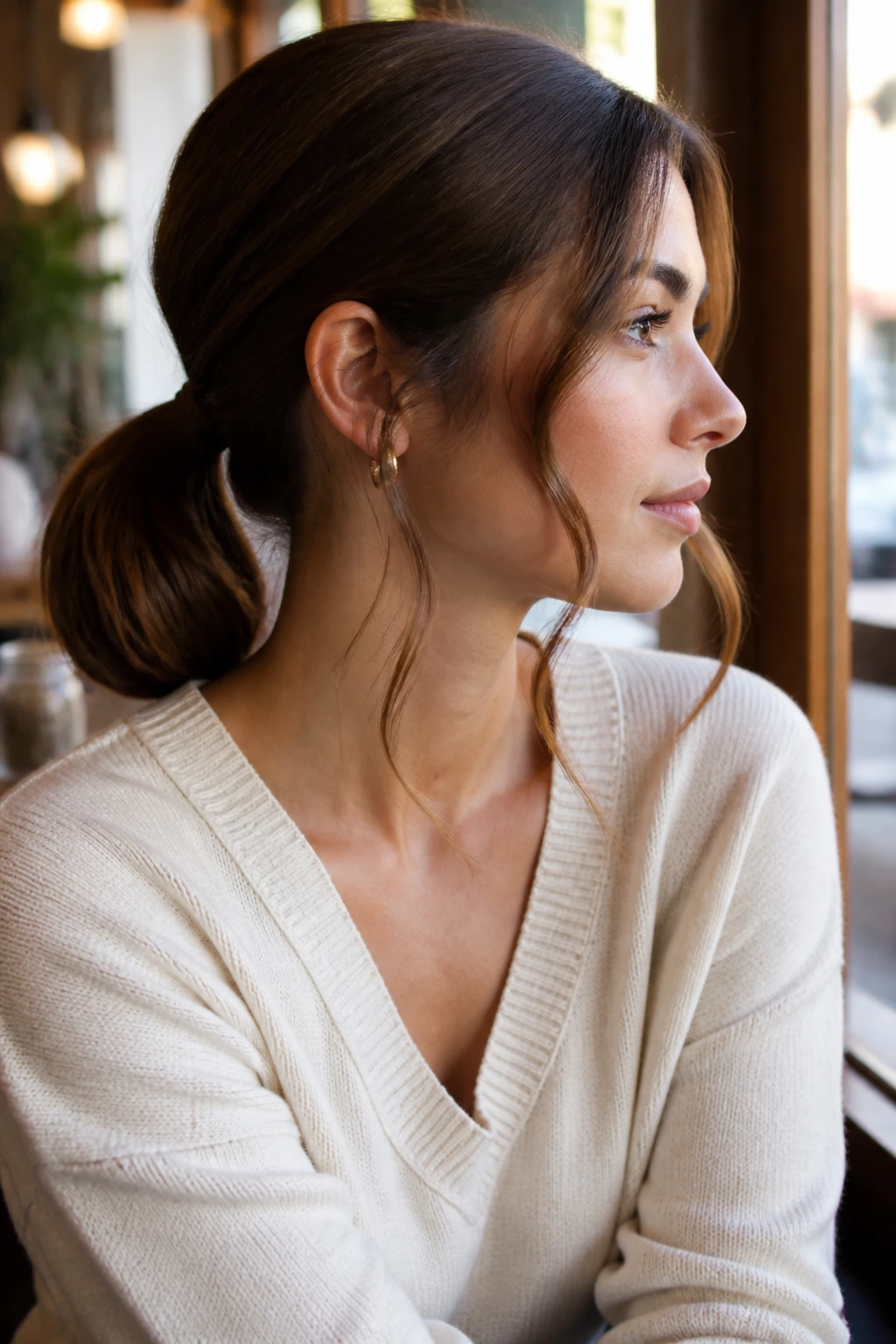 Side profile of a real woman with a low ponytail and face-framing tendrils