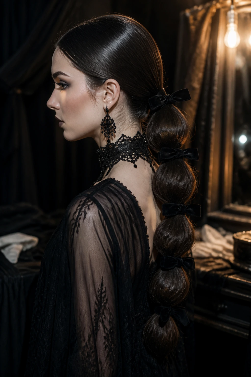 Profile of a real woman with a sleek low pony segmented by ties and velvet bows