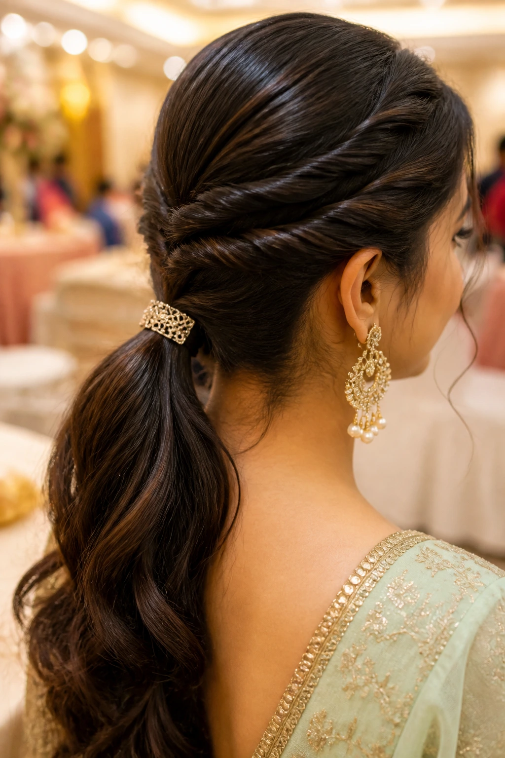 Close-up of a real woman with a low ponytail and crown twists