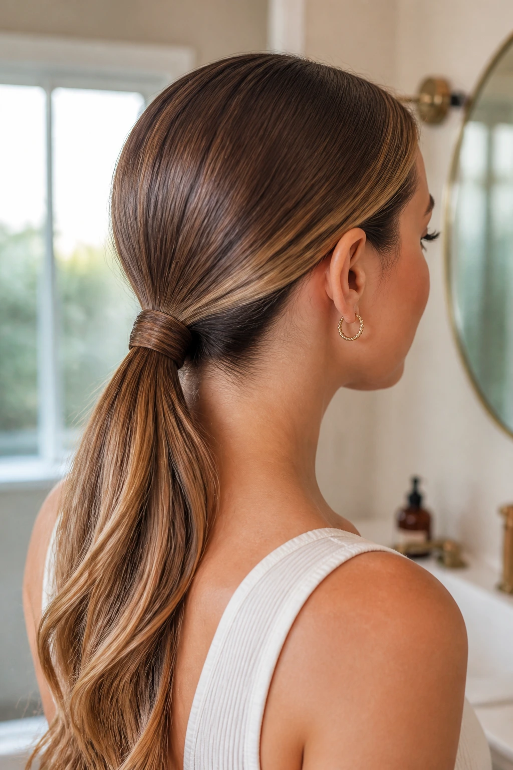 Close-up of a real woman with a wrapped low ponytail