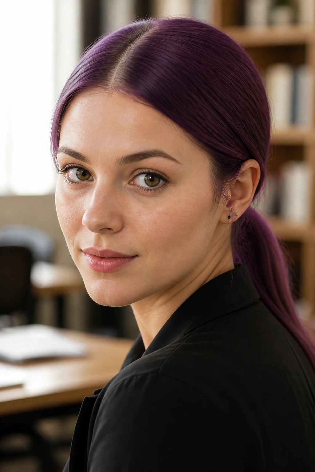 Close-up of a real woman with amethyst hair in a low ponytail with a center part