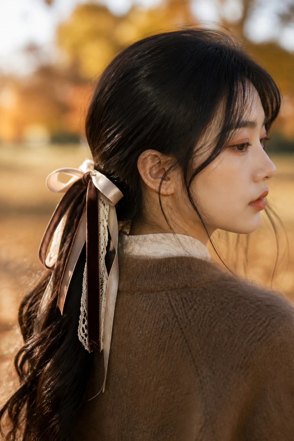 Close-up of a low ponytail with velvet silk and lace ribbons on a real Asian woman in autumn park