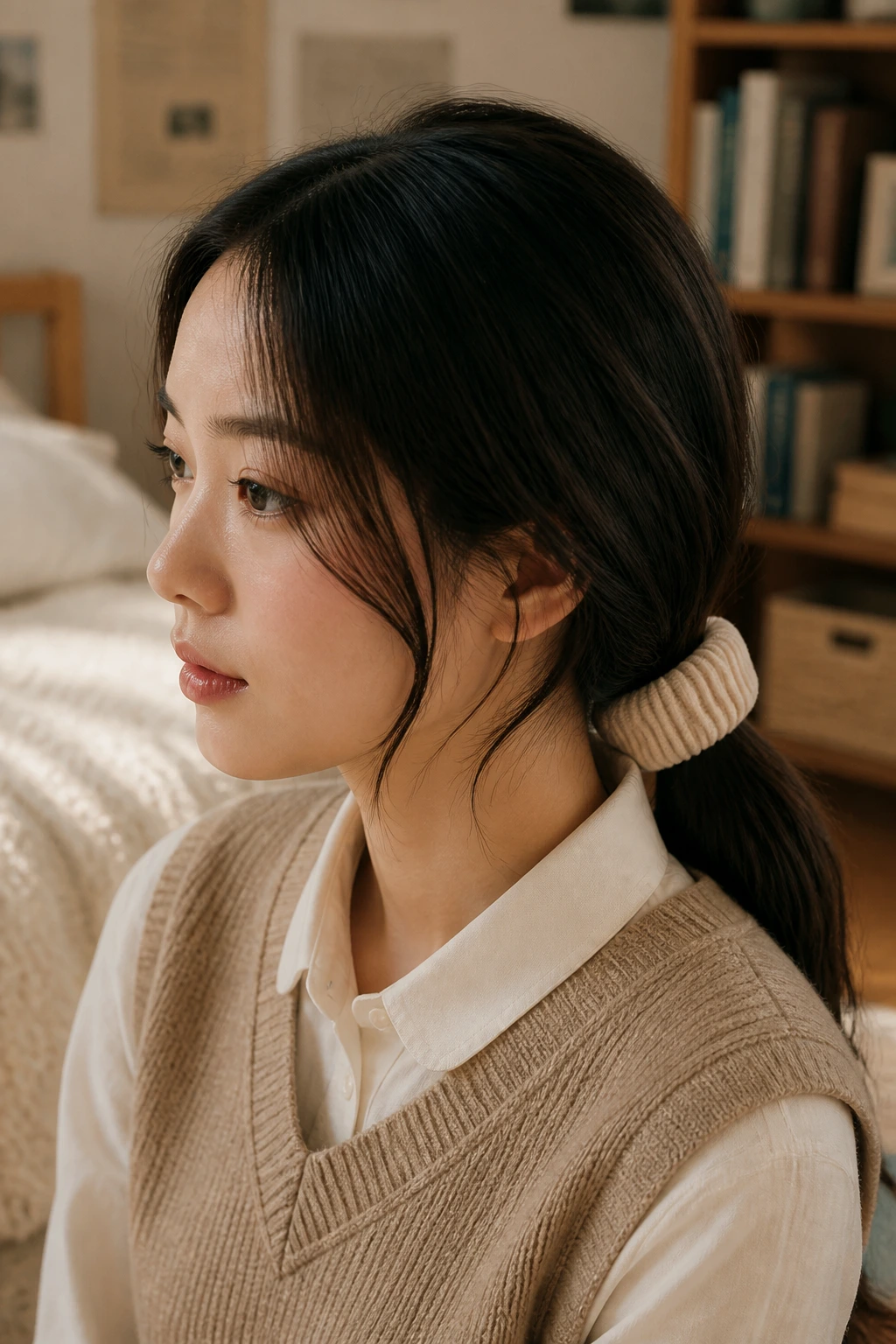 Close-up of a real woman with low ponytail and ribbed scrunchie in a dorm room