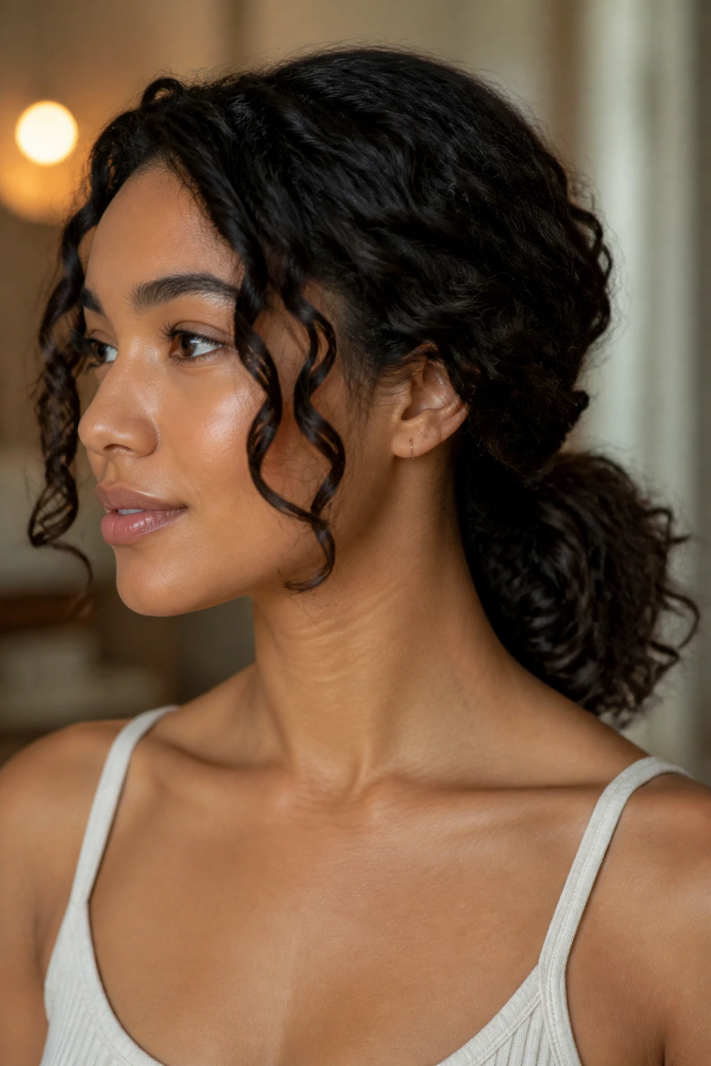 Close-up of a woman with a low ponytail and loose face-framing twists