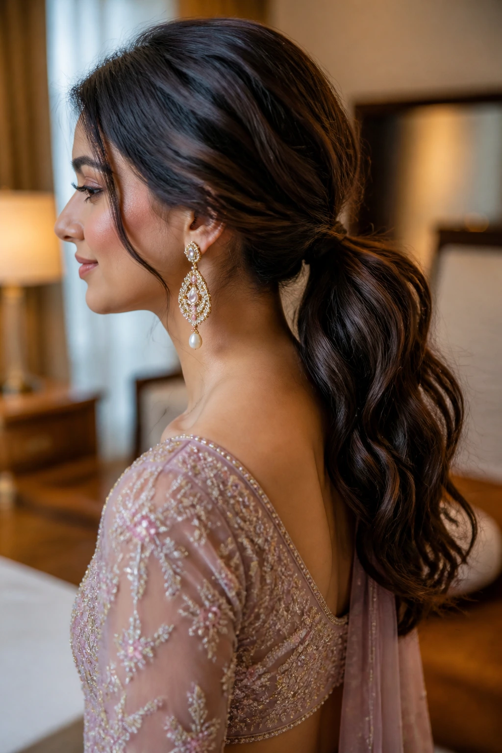 Close-up of a real woman with a sleek low ponytail and textured waves