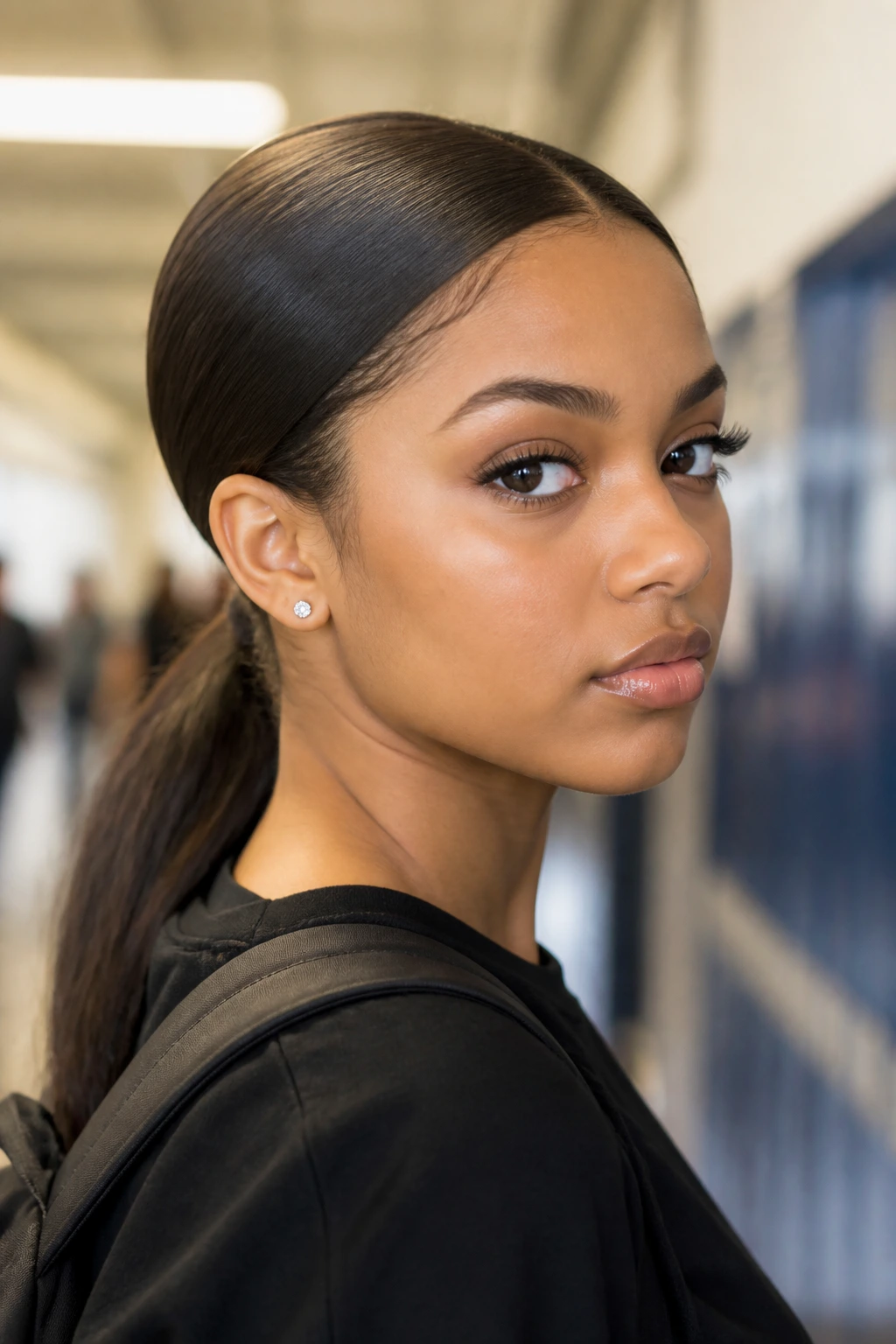 Real woman with a sleek low ponytail and wrap-around detail